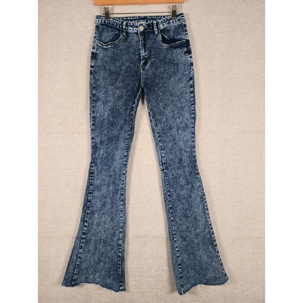 Saints & Hearts Blue Acid Wash High Rise Flare Jeans Raw Hem Womens Sz L *27X32*